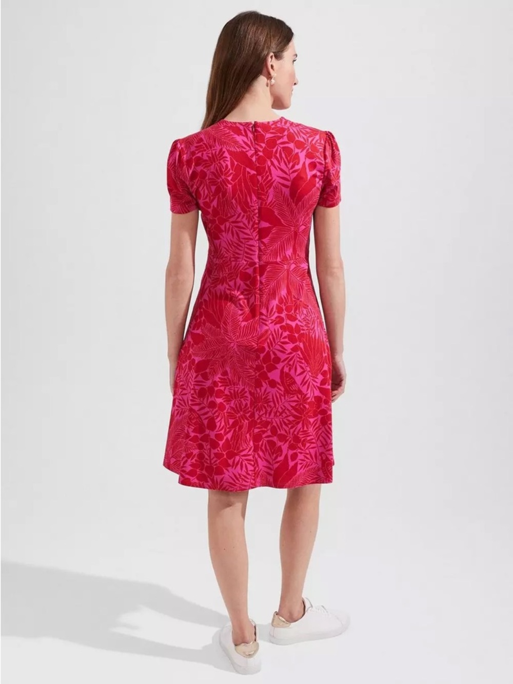 Hobbs Ann Floral Bird Jersey Dress Red Pink Short Sleeve Fit & Flare Size 12 - Picture 4 of 13